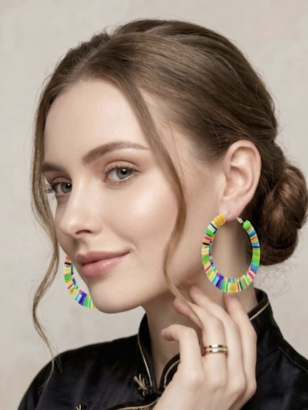 Polymer Clay Round Circle Colorful Medium Hoop Heishi Earrings, 5 cm